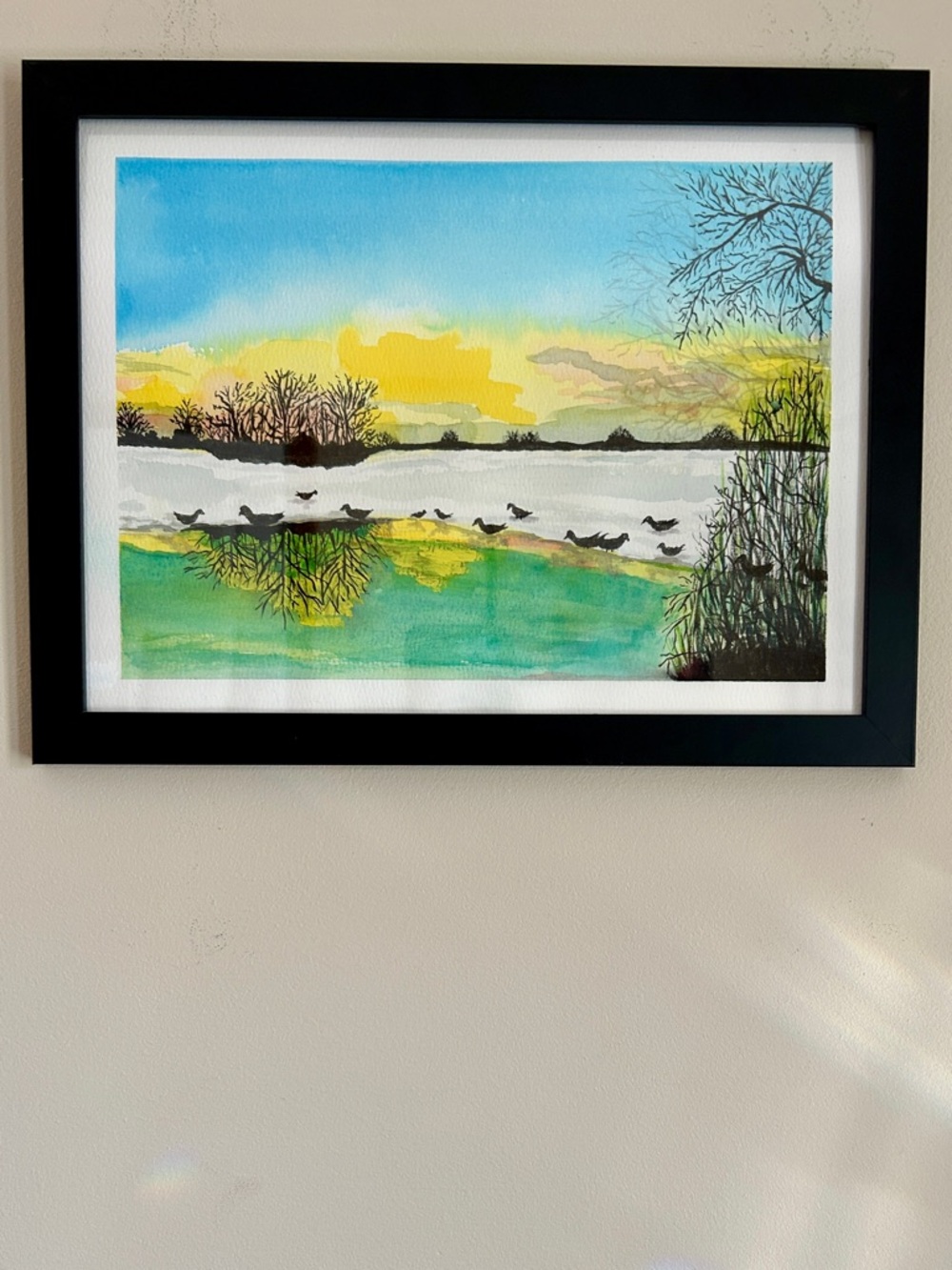 Original Watercolor Ducks on Lake Landscape Framed Nature Wall Art